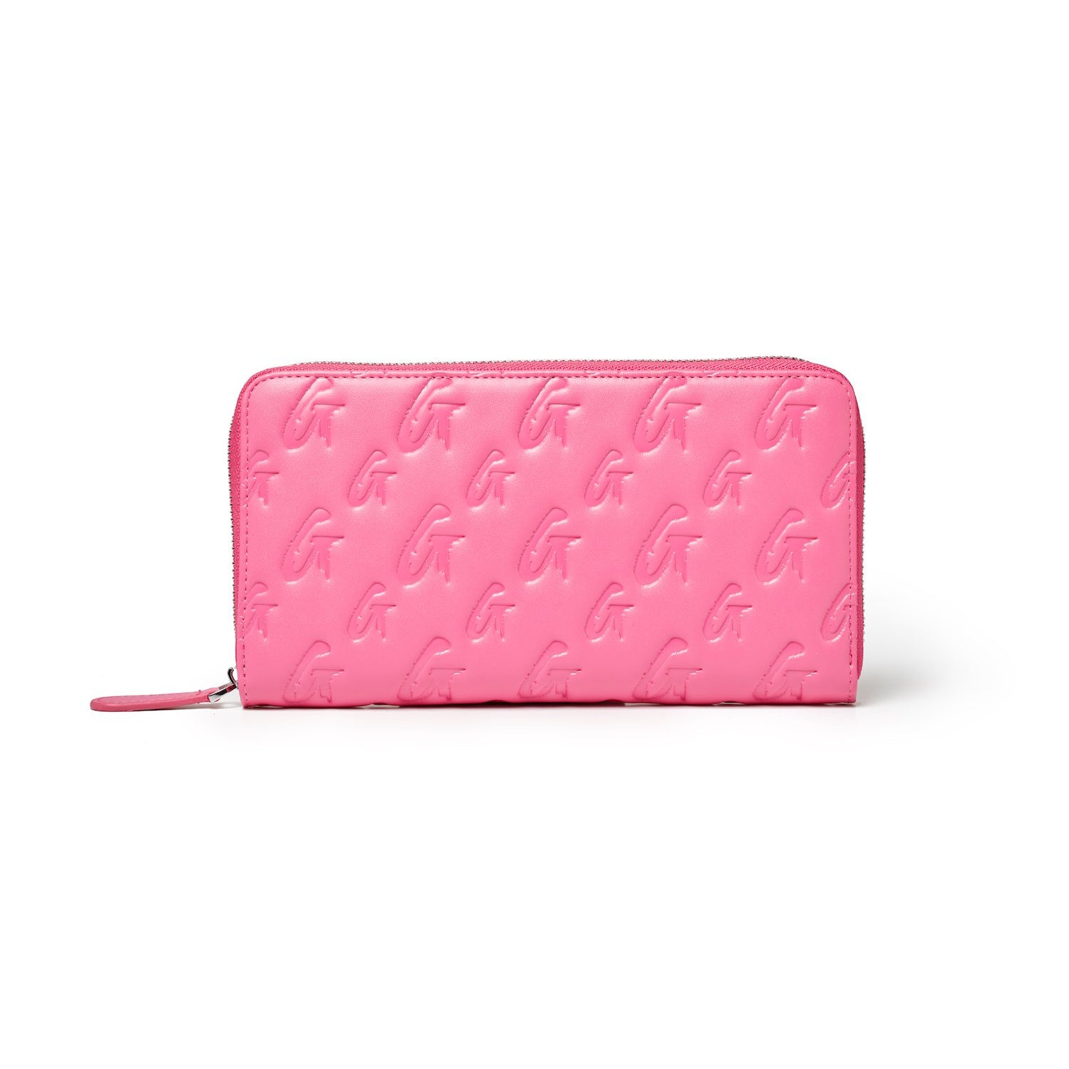 Pink jumbo monogram wallet with embossed G logo pattern, zip-around closure, and matching pink zipper pull.