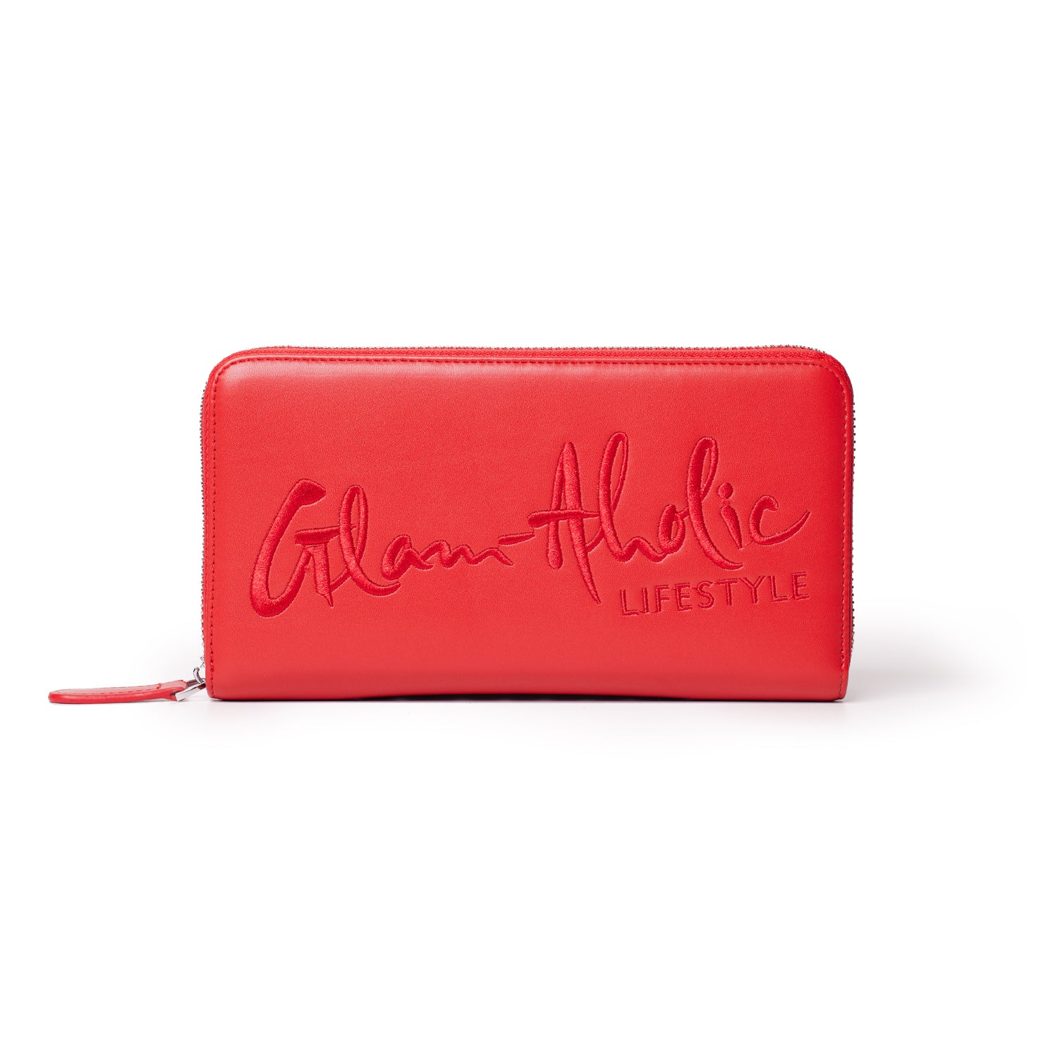 Red jumbo signature logo wallet with embossed "Glam-Aholic Lifestyle" text, zip-around closure, and sleek design.