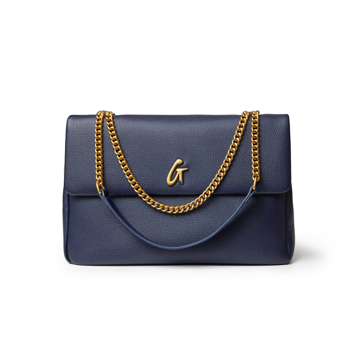 Large navy pebble flap bag with gold chain straps and a gold "G" logo on the front.