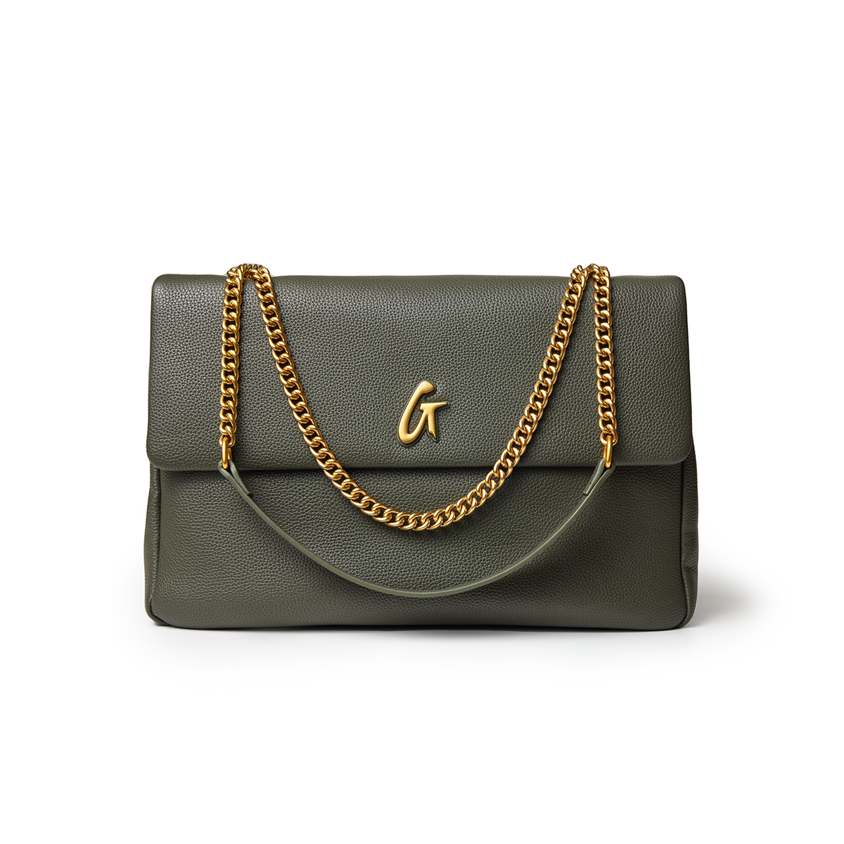 Large olive green pebble flap bag with gold chain strap and a gold "G" logo on the front.