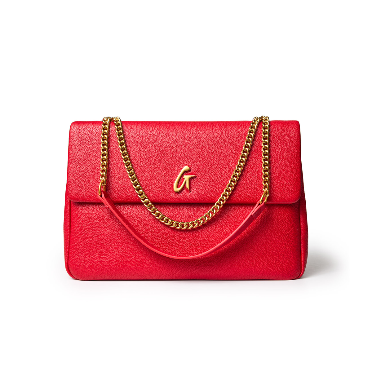 Red large pebble flap bag with gold chain strap and a gold "G" logo on the front.