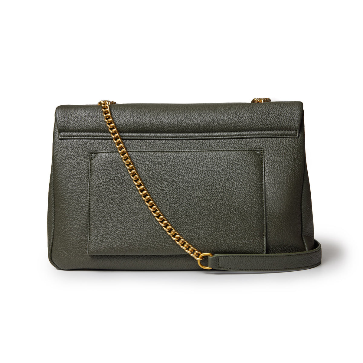 Large olive green pebble flap bag with a gold chain strap and a front pocket, made of textured leather.