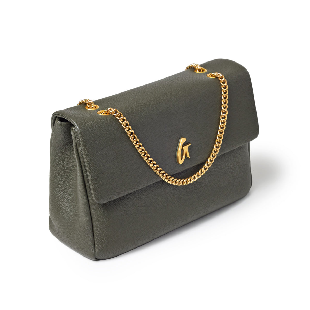 Olive green large pebble flap bag with a gold chain strap and a gold "a" logo on the front.