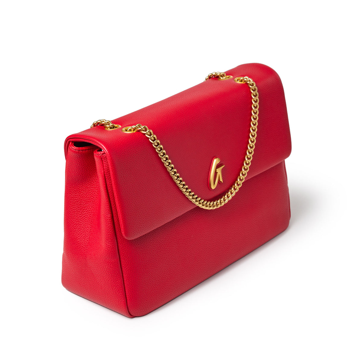 Red large pebble flap bag with gold chain strap and logo detail, stylish accessory for elegant or casual outfits.