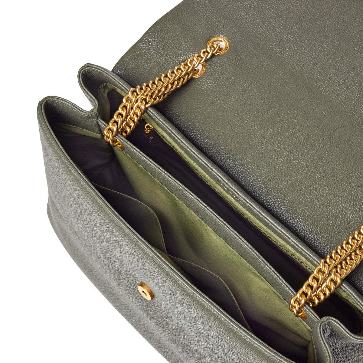 Olive green large pebble flap bag with gold chain strap, interior compartments, and textured exterior.