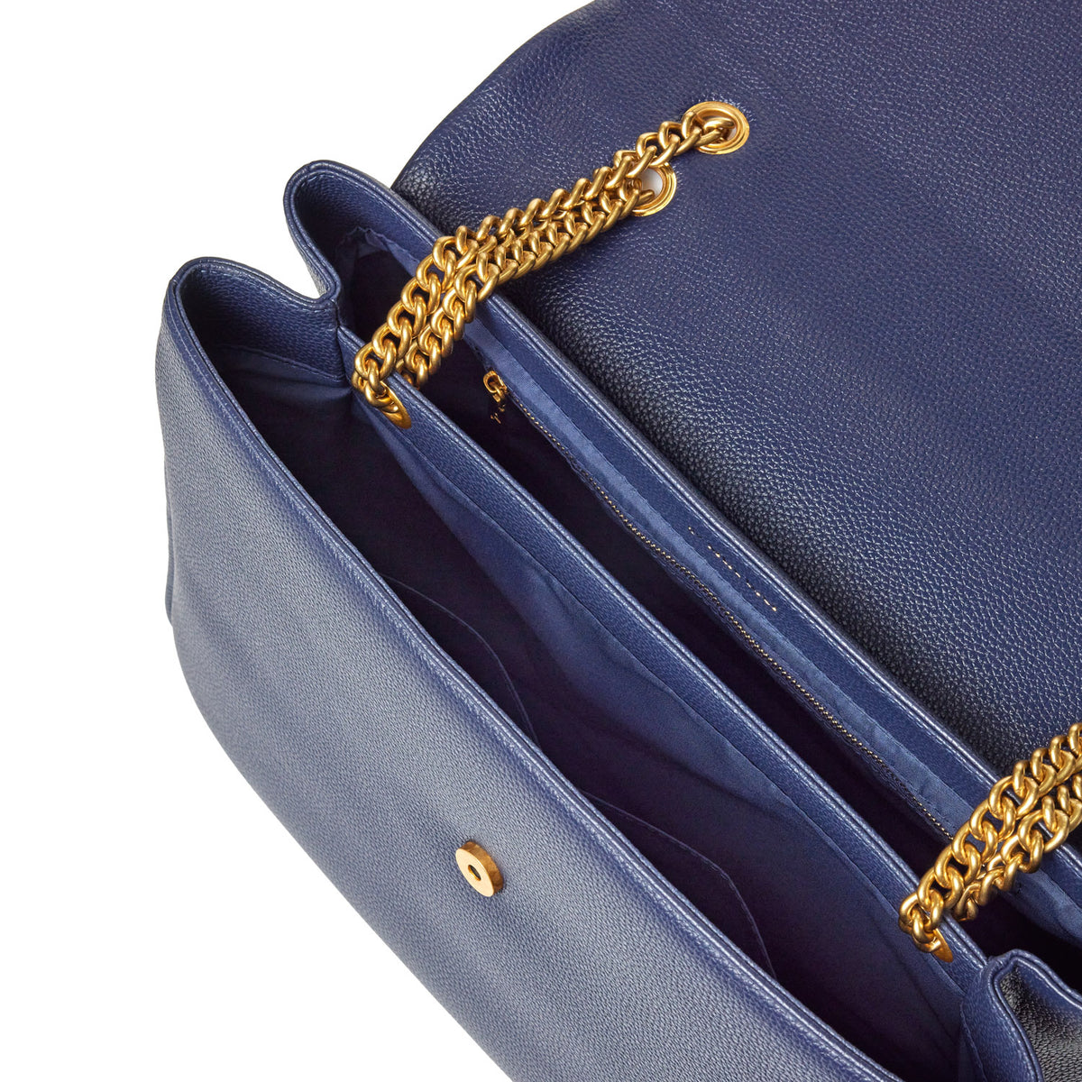 Large navy pebble flap bag with gold chain strap, interior compartments, and textured exterior.