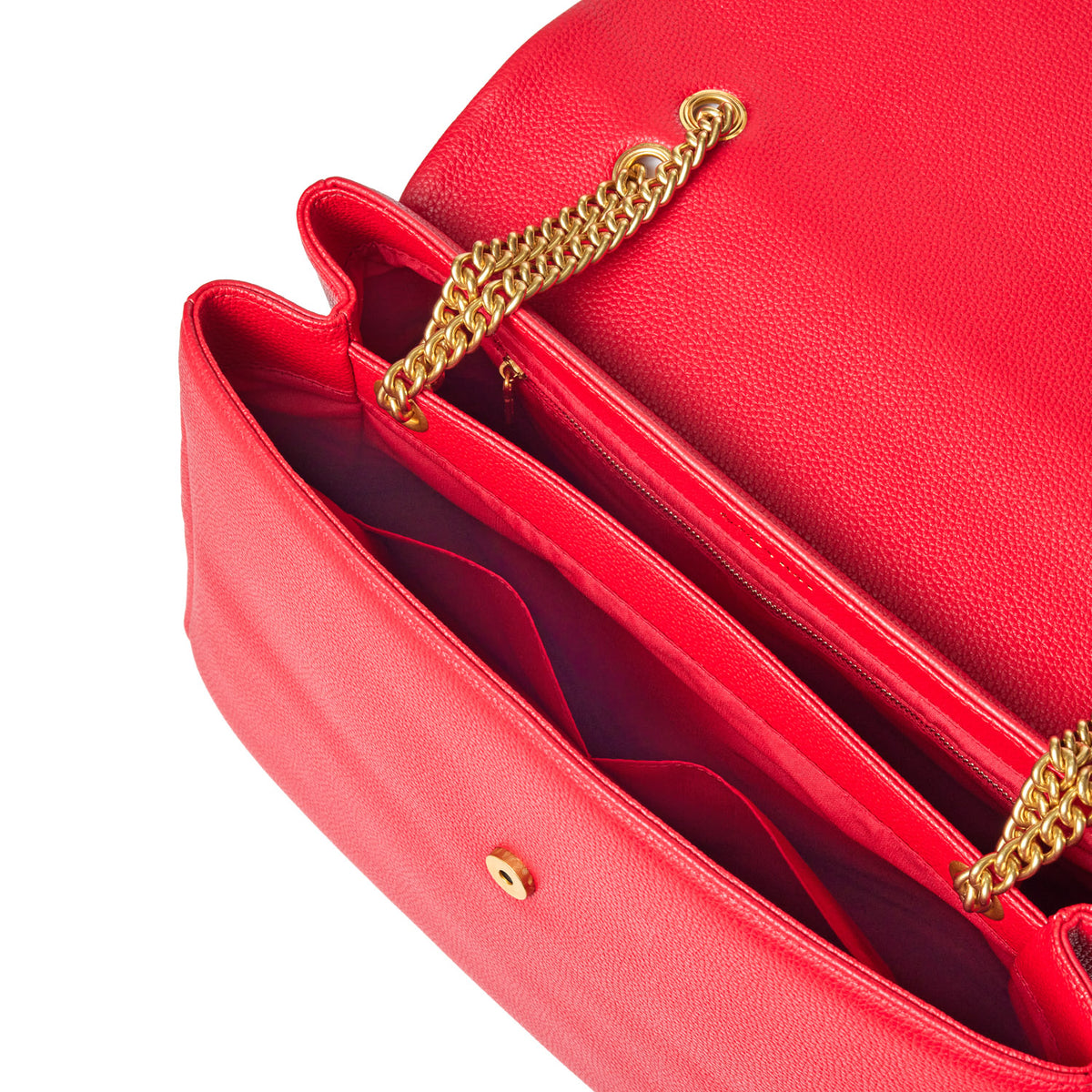 Red large pebble flap bag with gold chain strap, multiple interior compartments, and textured leather finish.