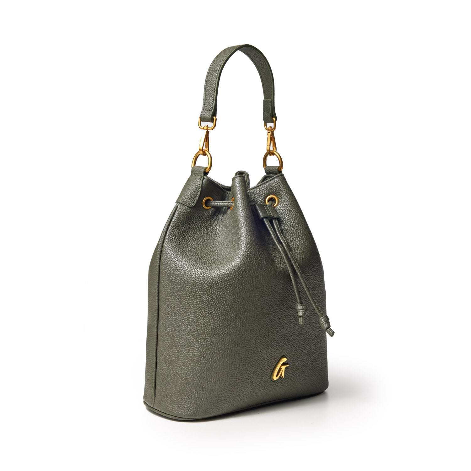 Large olive green pebble bucket bag with gold hardware, adjustable drawstring, and a top handle for versatile carrying.