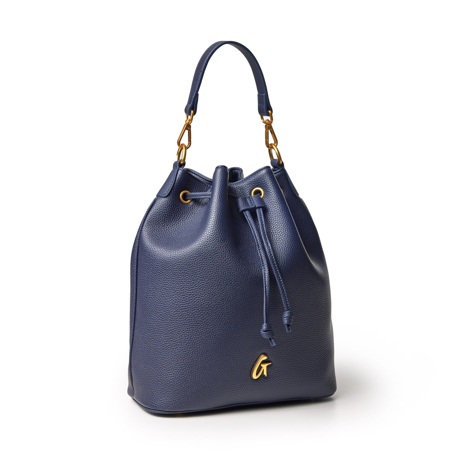 Large navy pebble bucket bag with gold hardware, adjustable drawstring closure, and a top handle.