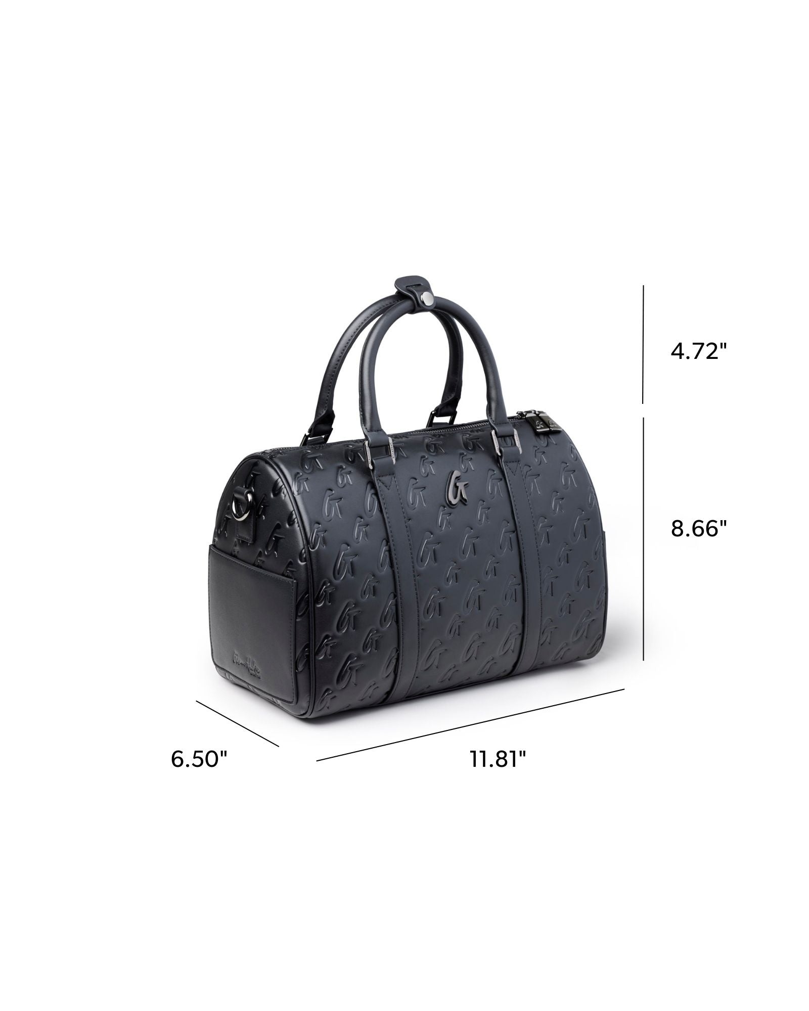 Large black monogram Gal Boston bag featuring embossed logo, dual handles, and spacious design for stylish storage.