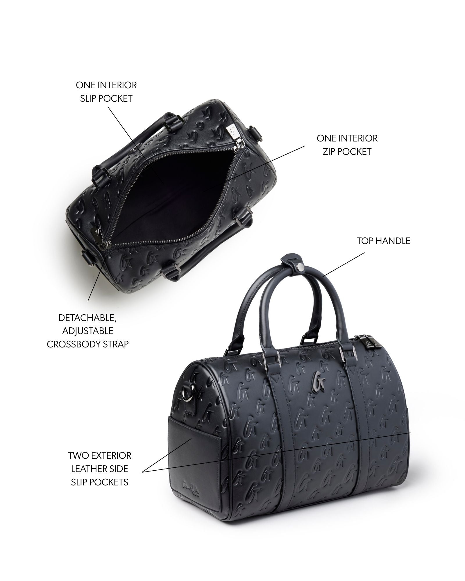 Large black monogram gal Boston bag featuring top handles, adjustable crossbody strap, and multiple interior and exterior pockets.