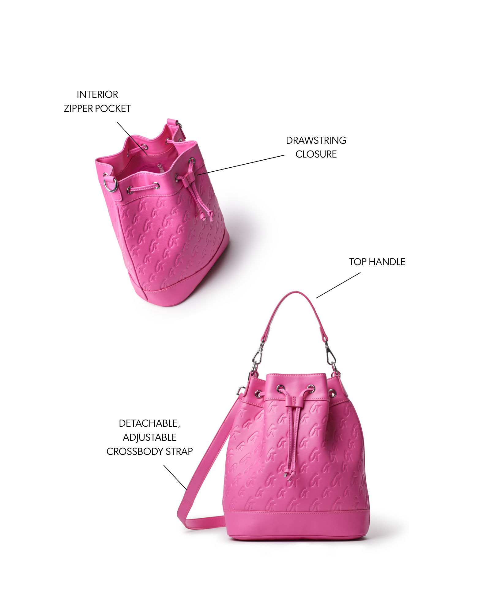 Hot pink large monogram bucket bag featuring a drawstring closure, top handle, and adjustable crossbody strap.