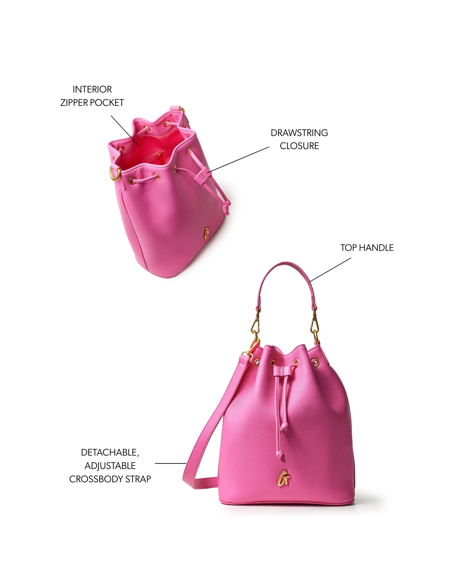 Hot pink large pebble bucket bag featuring a drawstring closure, top handle, and detachable adjustable crossbody strap.