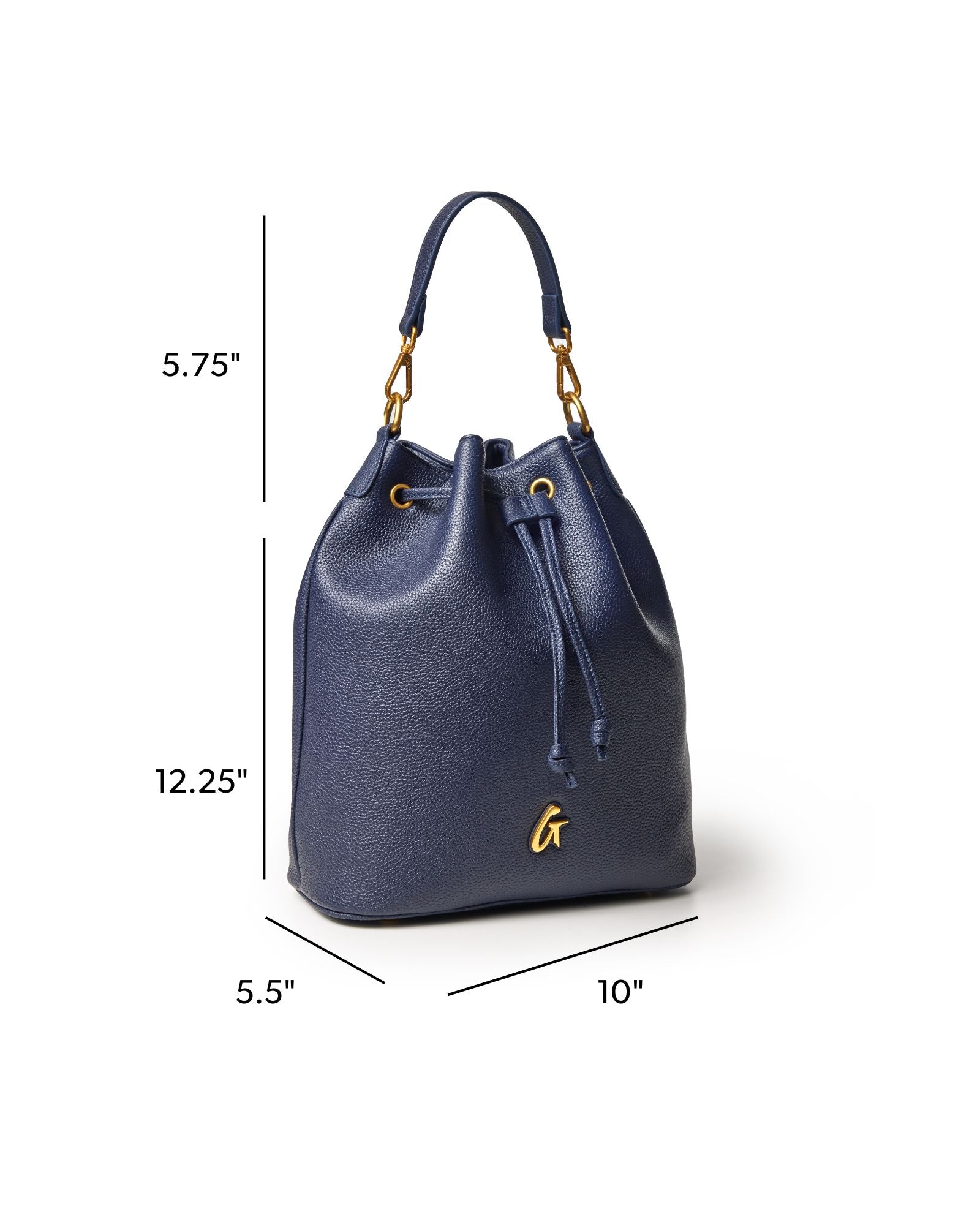 Navy large pebble bucket bag with gold accents, featuring a drawstring closure and a stylish handle.