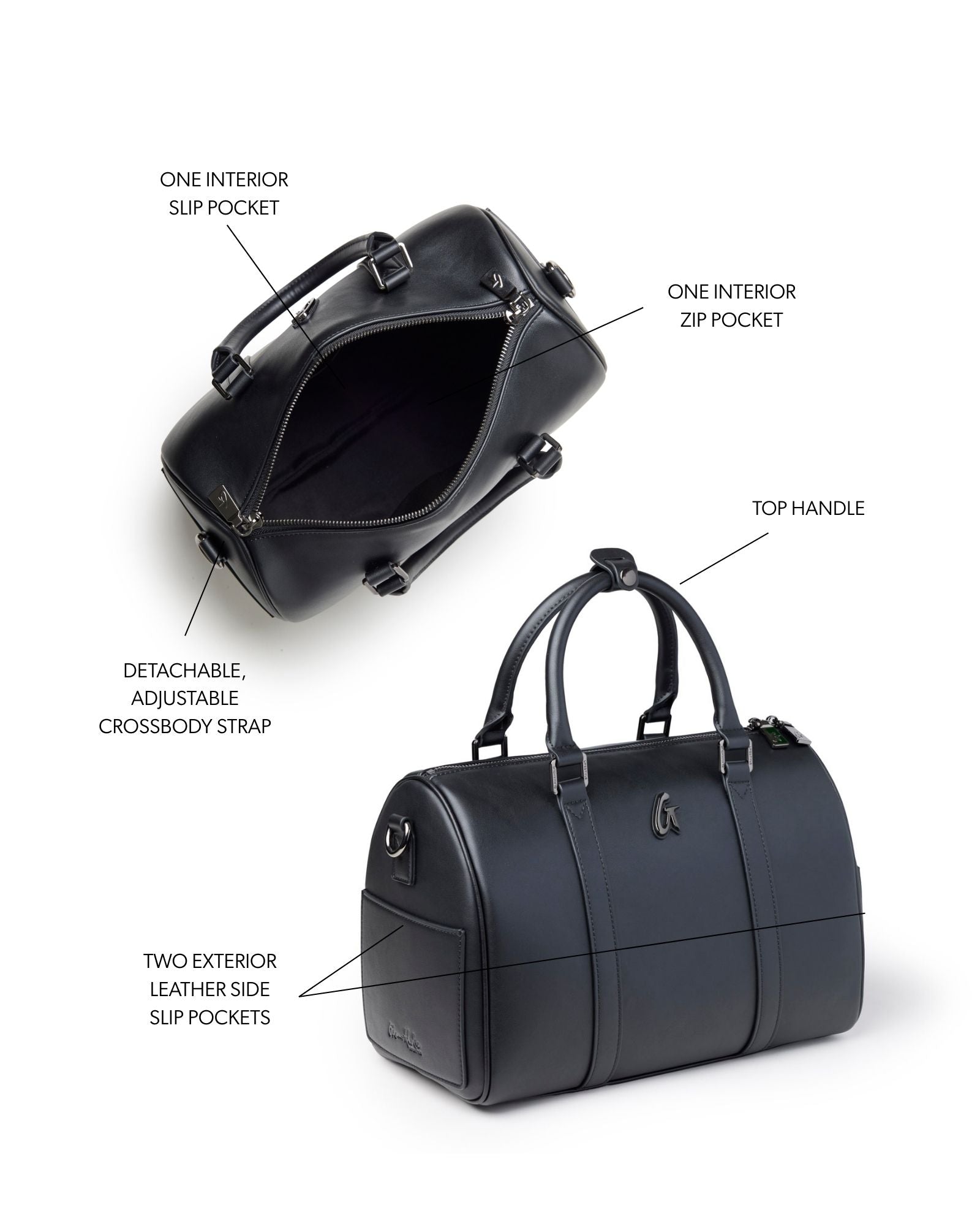 Large black Boston bag featuring top handles, detachable crossbody strap, and multiple interior and exterior pockets.