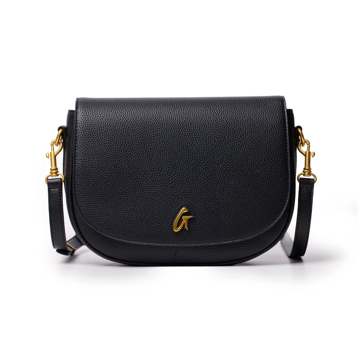 Black large pebble shoulder bag with gold hardware and a front logo, featuring a textured leather finish and adjustable strap.