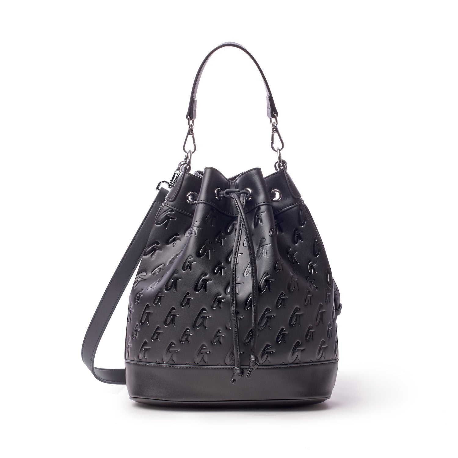 Large black bucket bag with monogram G pattern, drawstring closure, top handle, and adjustable shoulder strap.