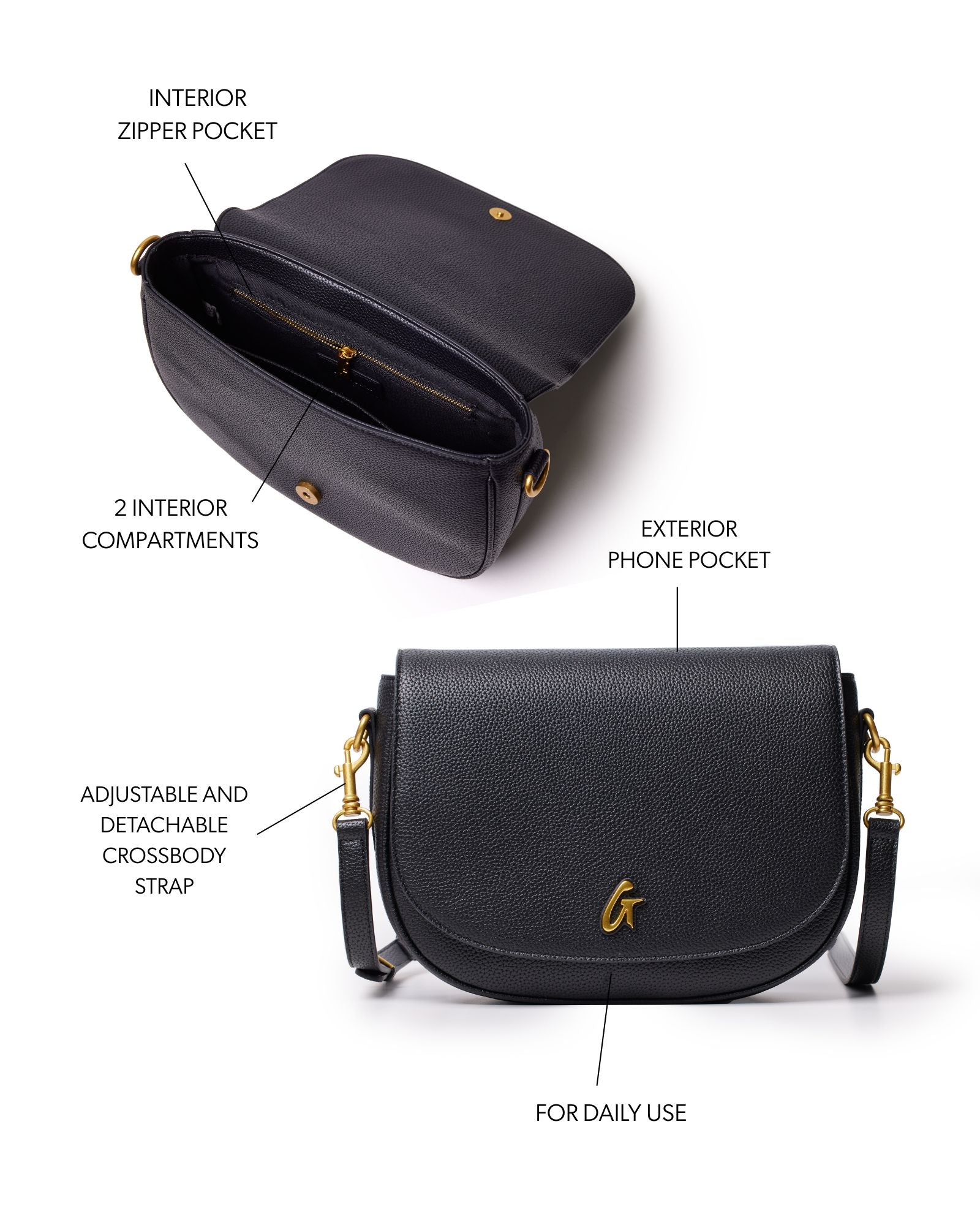 Large black pebble shoulder bag featuring two interior compartments, an exterior phone pocket, and an adjustable crossbody strap.