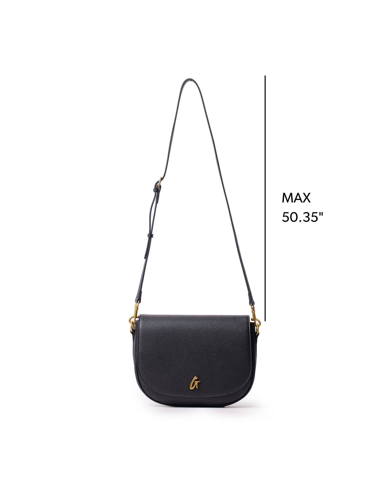 Large black pebble shoulder bag with adjustable strap and gold logo, perfect for stylish everyday use.