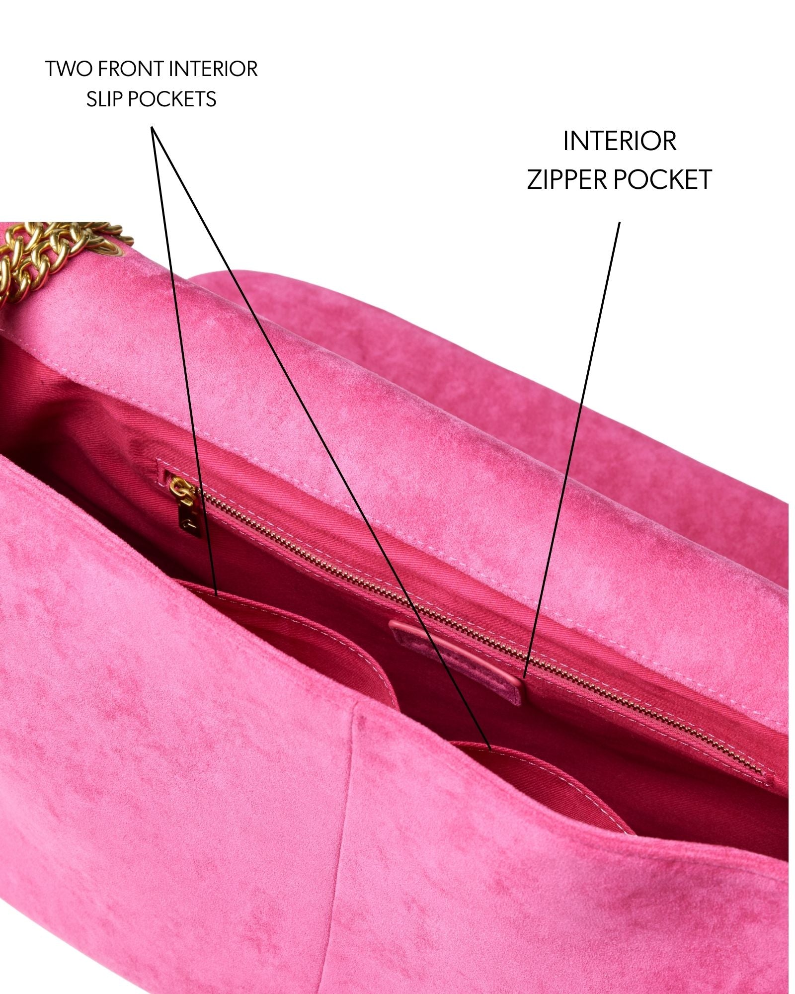 Large Suede Flap Bag - Hot Pink | Vegan Suede | 3 Interior