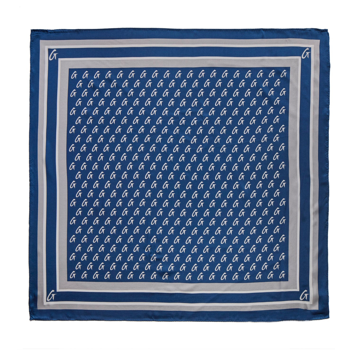 Navy silk scarf featuring a monogram pattern, bordered with a contrasting light trim for a chic, stylish look.