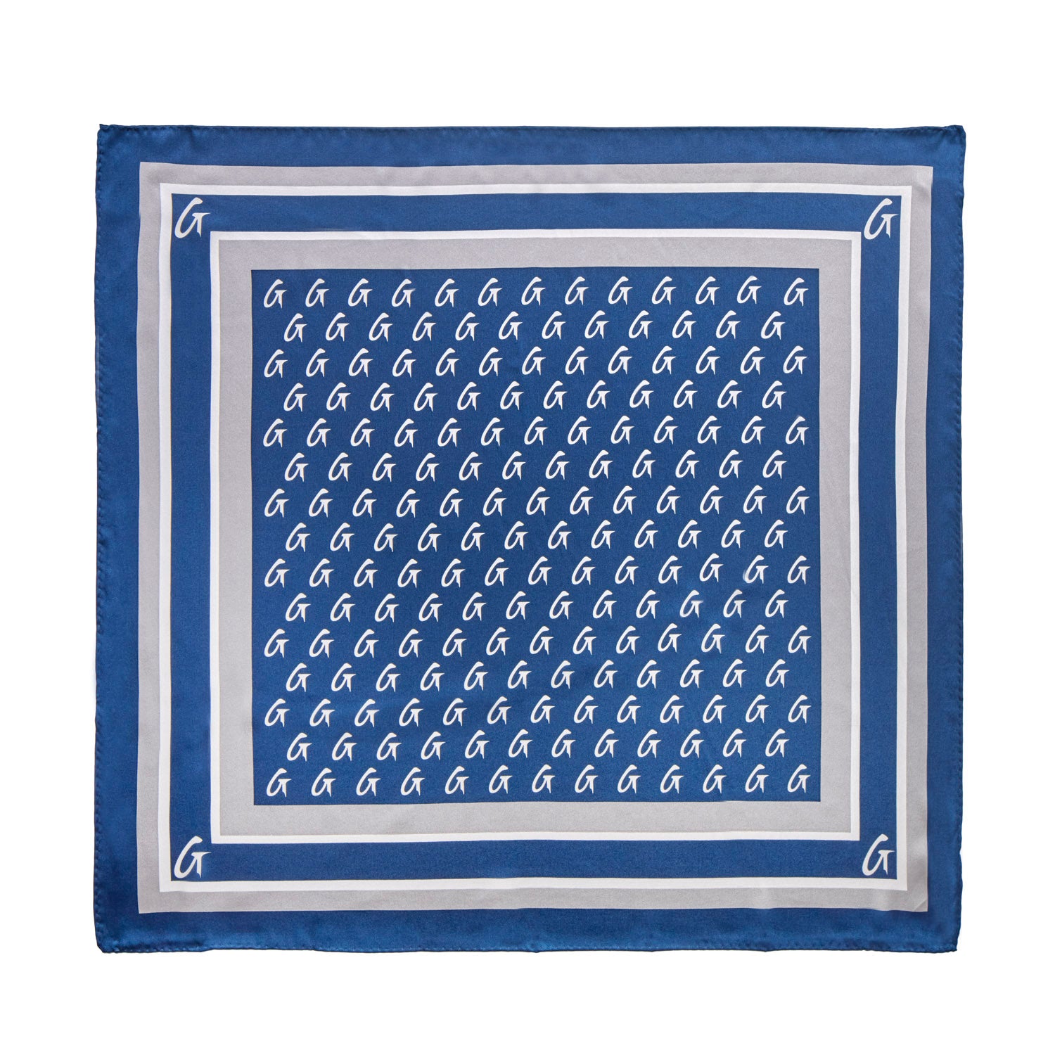 Navy medium monogram silk scarf featuring a repeating logo pattern and elegant border design for stylish accessorizing.