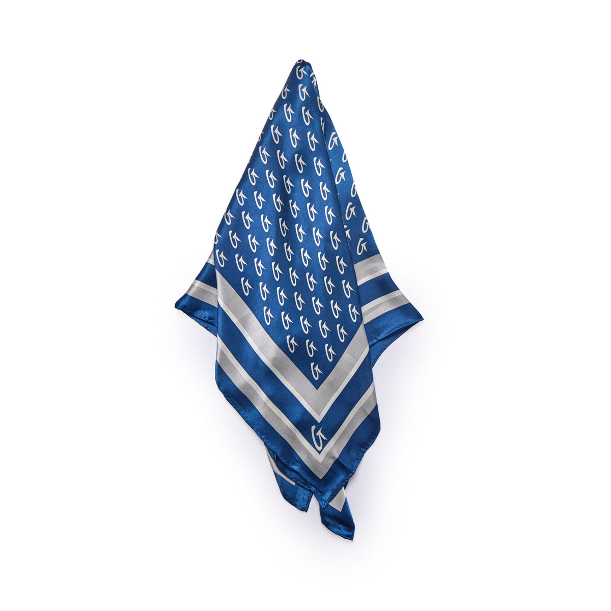 Navy silk scarf featuring a monogram pattern and elegant striped border, perfect for adding luxury to any outfit.