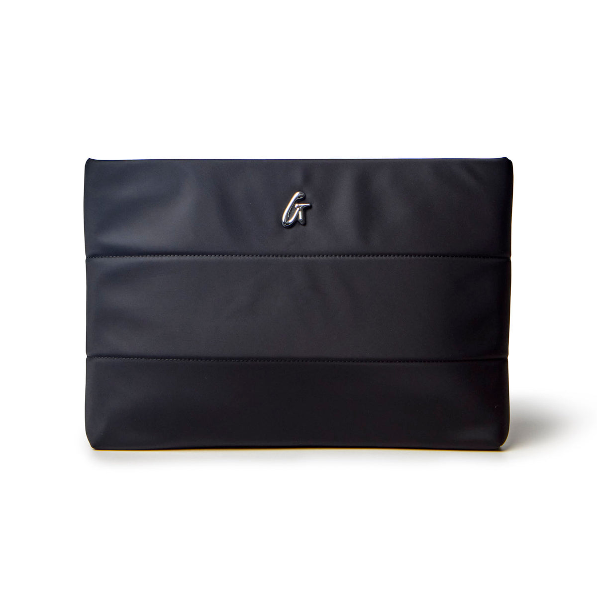 Sleek black nylon laptop sleeve featuring a minimalist design and subtle logo, perfect for stylish protection.