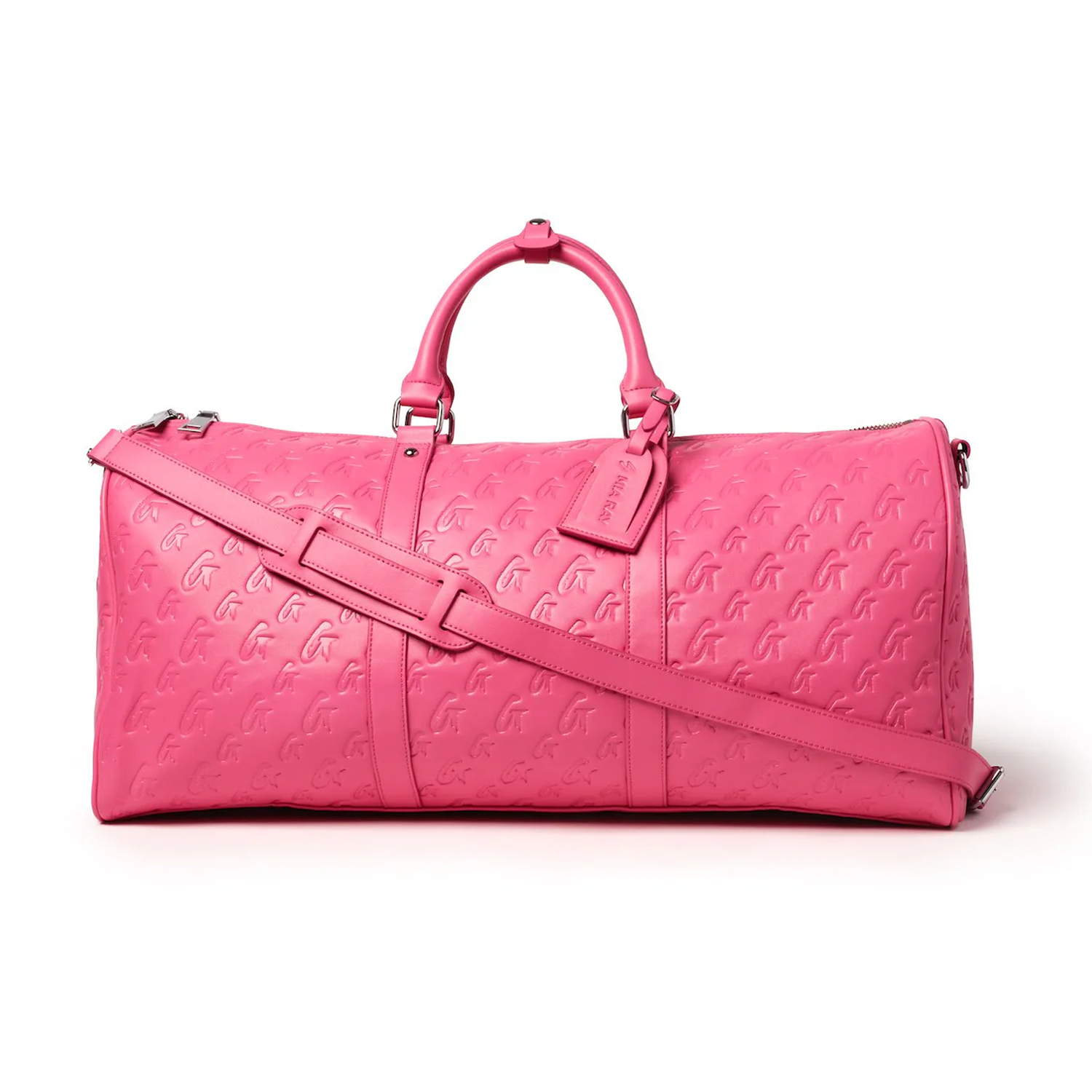 Hot pink monogram duffle bag with dual handles and adjustable shoulder strap, perfect for stylish travel.