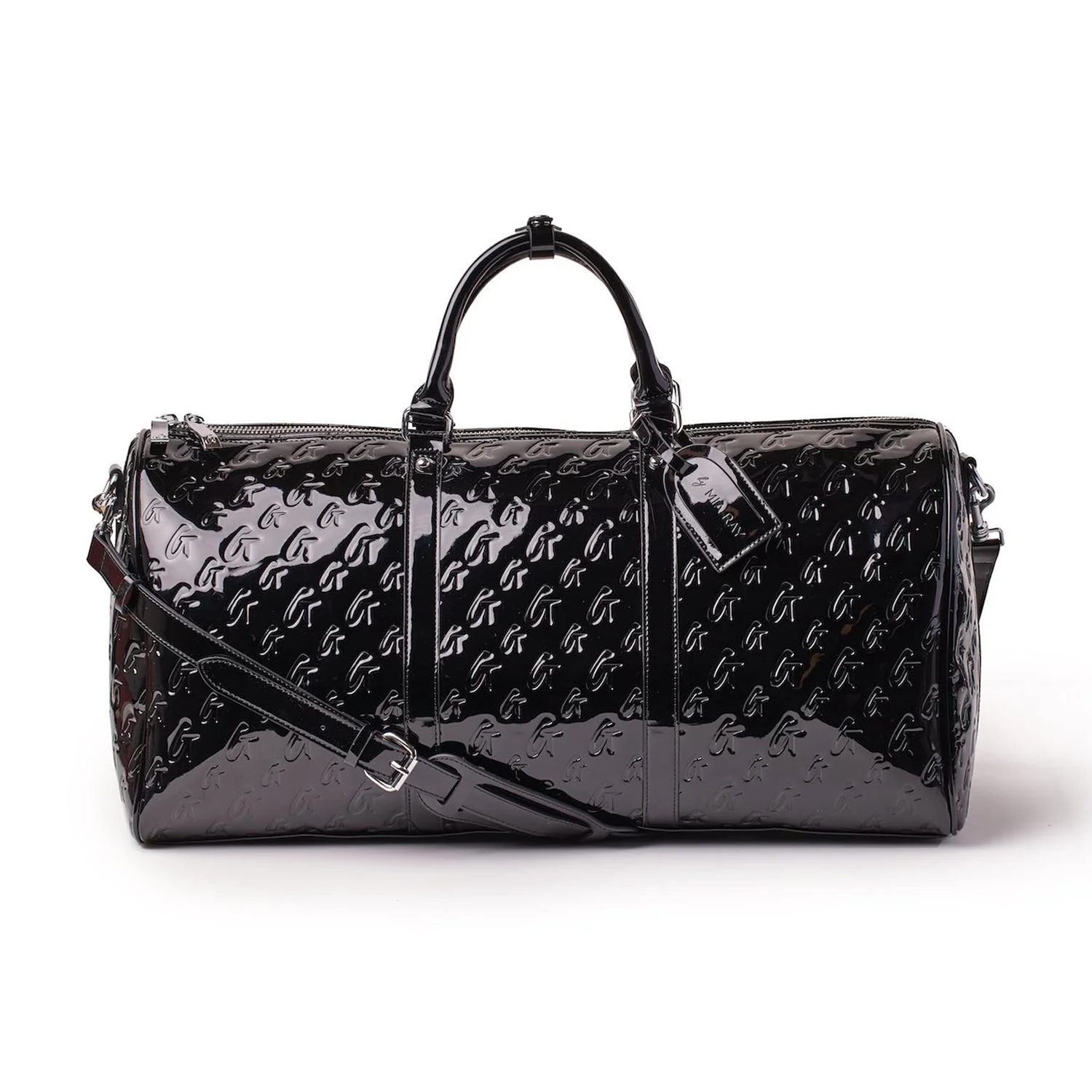 Sleek black monogram duffle bag with a glossy finish, featuring dual handles and a detachable shoulder strap.