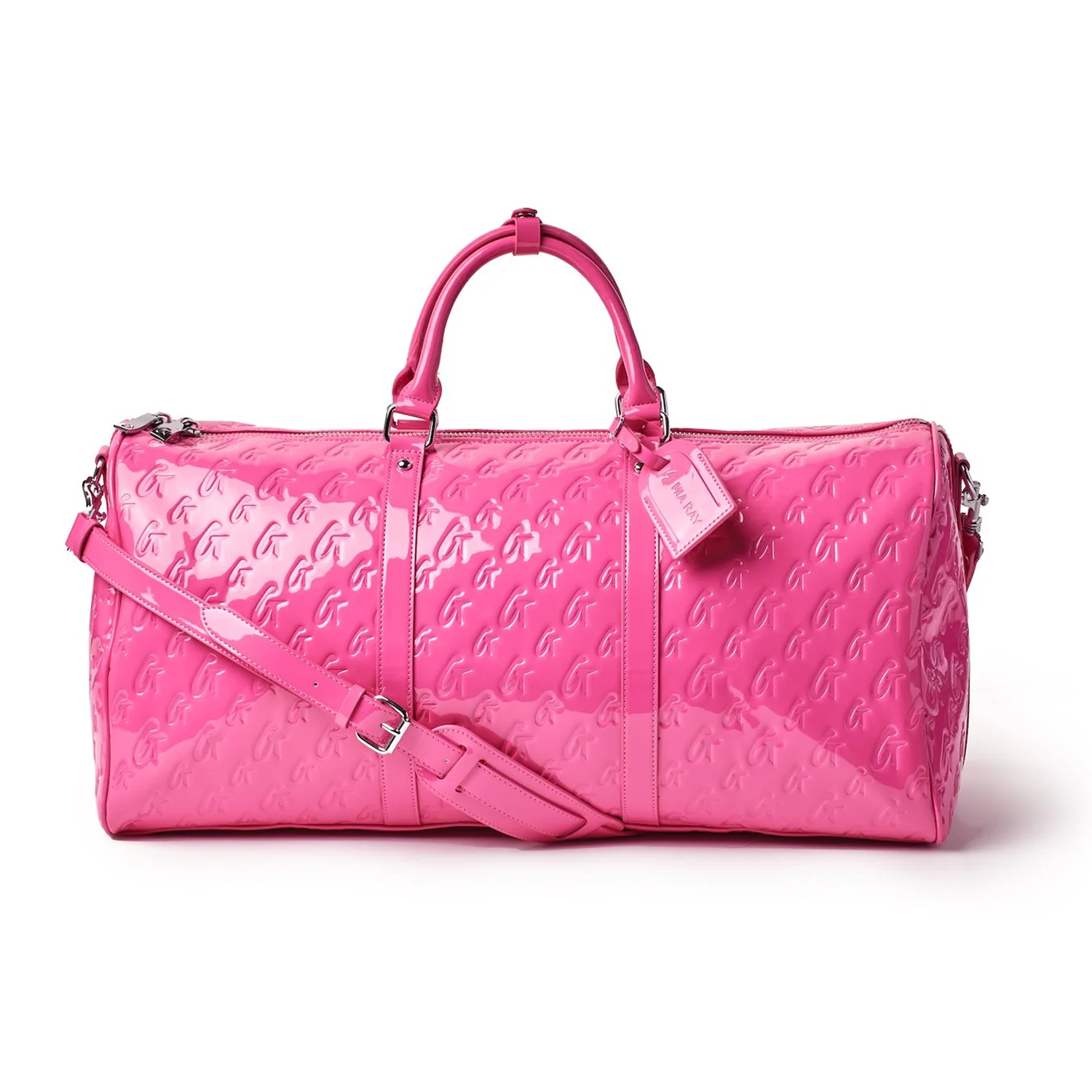 Hot pink monogram duffle bag with a glossy finish, featuring dual handles and a detachable shoulder strap.