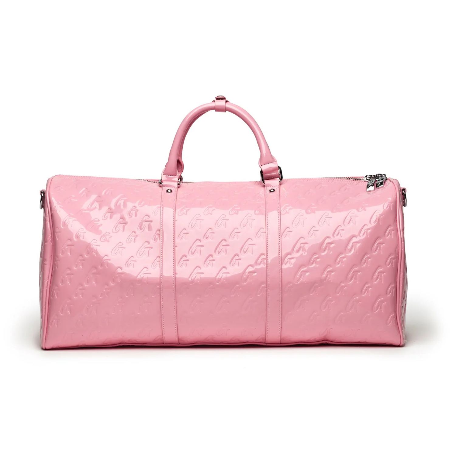 Glossy mirror pink monogram duffle bag with dual handles and spacious interior for stylish travel.