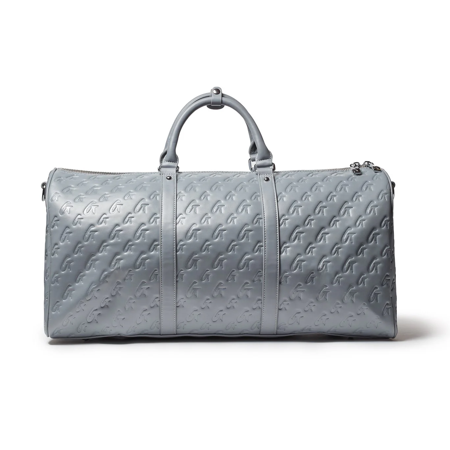 Gray unisex duffle bag featuring a stylish monogram design, perfect for travel and everyday use.