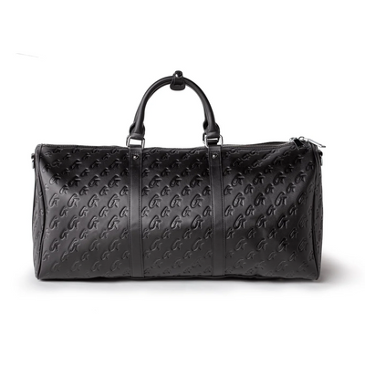 Black unisex duffle bag featuring a textured monogram design, perfect for stylish travel and everyday use.