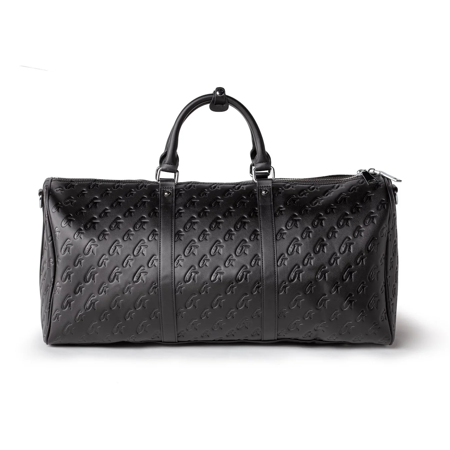 Black and pink monogram duffle bag featuring a stylish embossed design and sturdy handles for easy carrying.