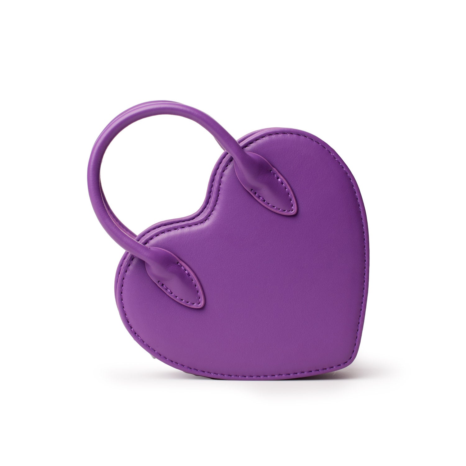 Mini purple heart-shaped bag with a rounded handle and stitched edges, made of smooth faux leather.