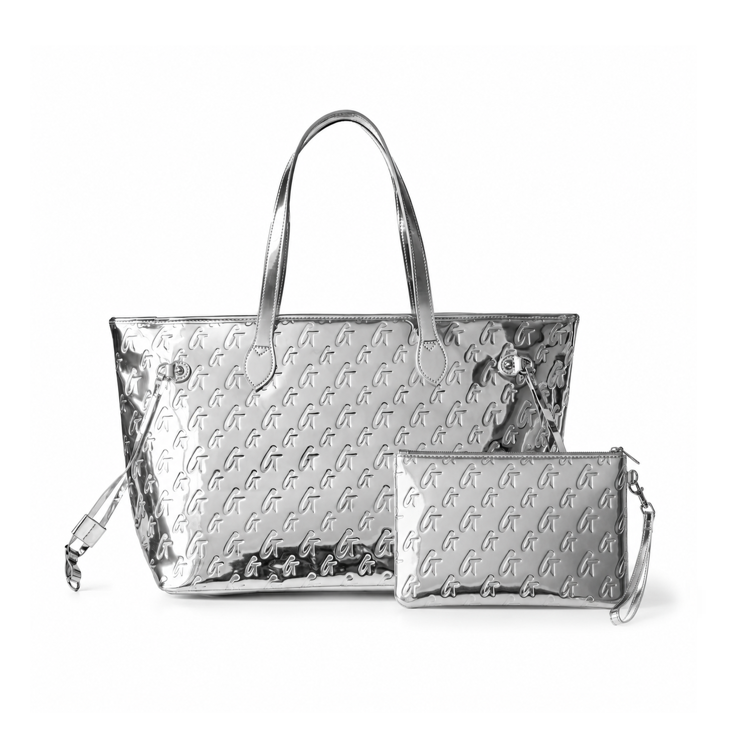 MONOGRAM GLAM TOTE WITH WRISTLET - METALLIC SILVER