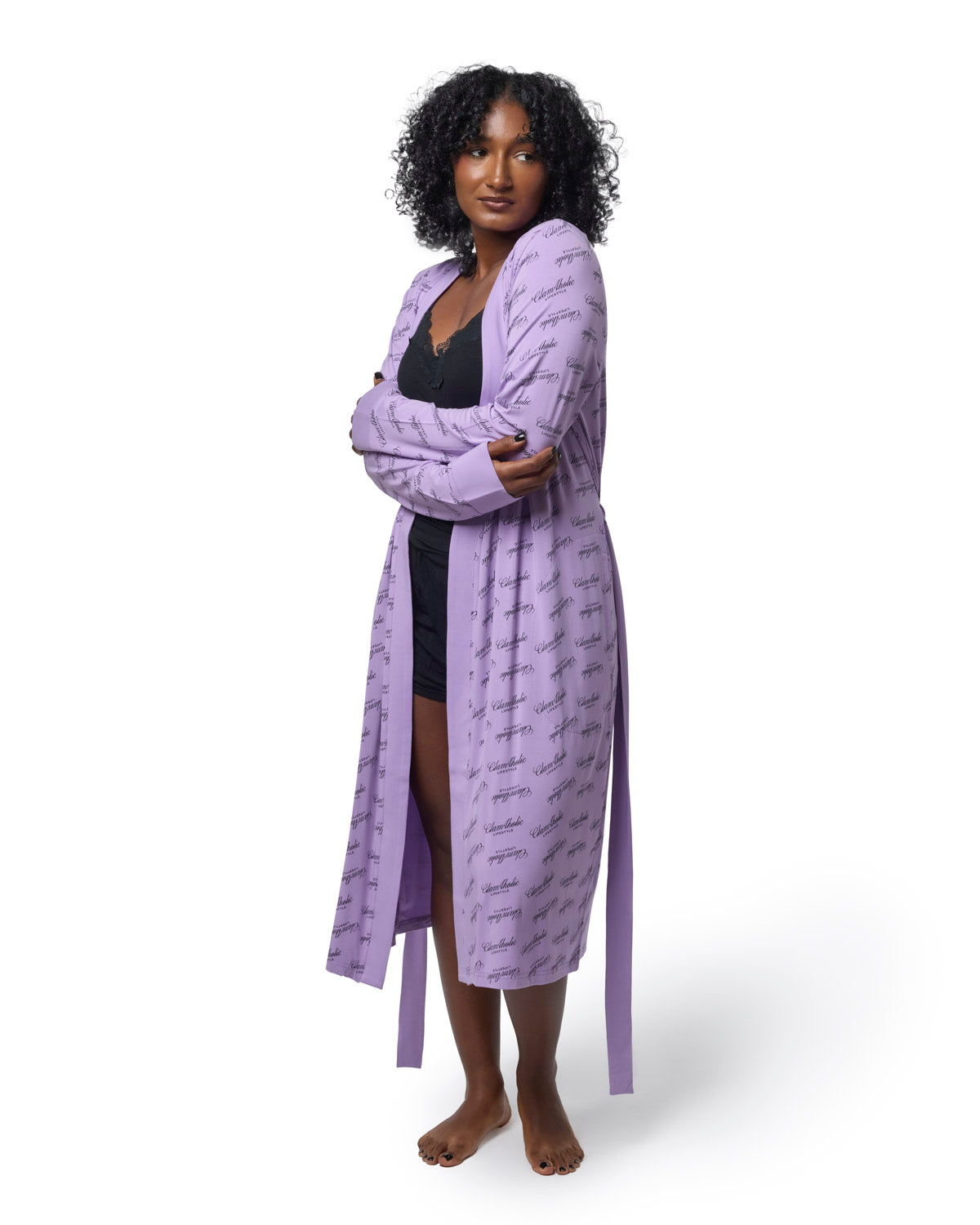 Lavender signature luxe robe worn by a woman, featuring a stylish design and relaxed fit, perfect for luxury lounging.