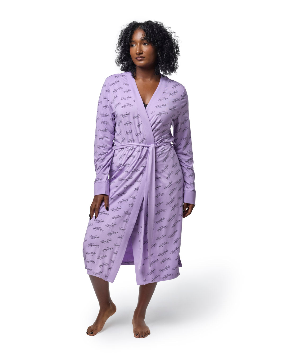 Lavender robe featuring a stylish signature print, designed for comfort and elegance in loungewear.