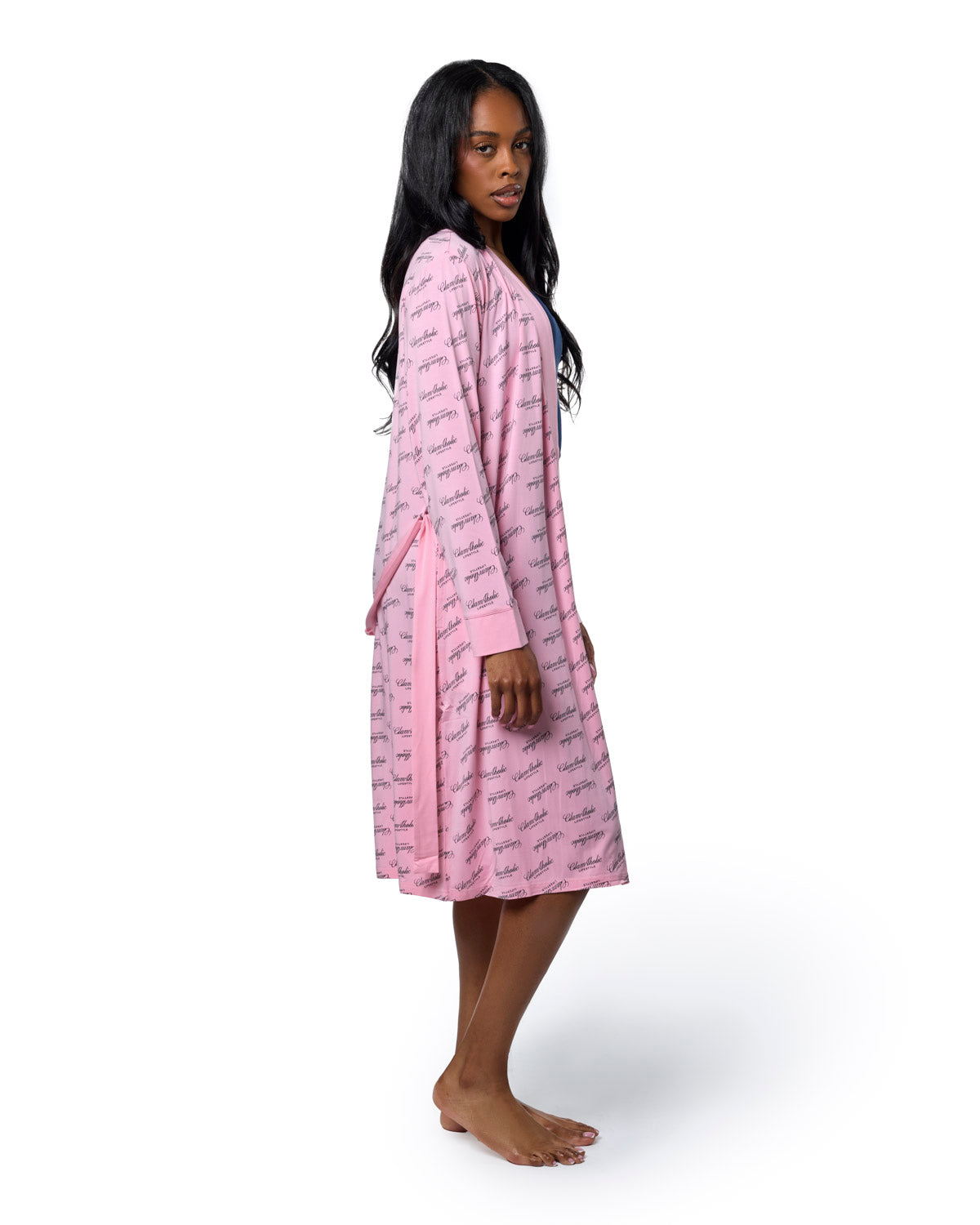 Light pink signature luxe robe featuring a relaxed fit and stylish print, perfect for comfortable lounging.