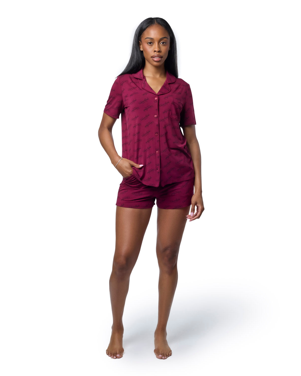 Burgundy pajama short set featuring a button-up shirt and shorts, designed for comfort and style.