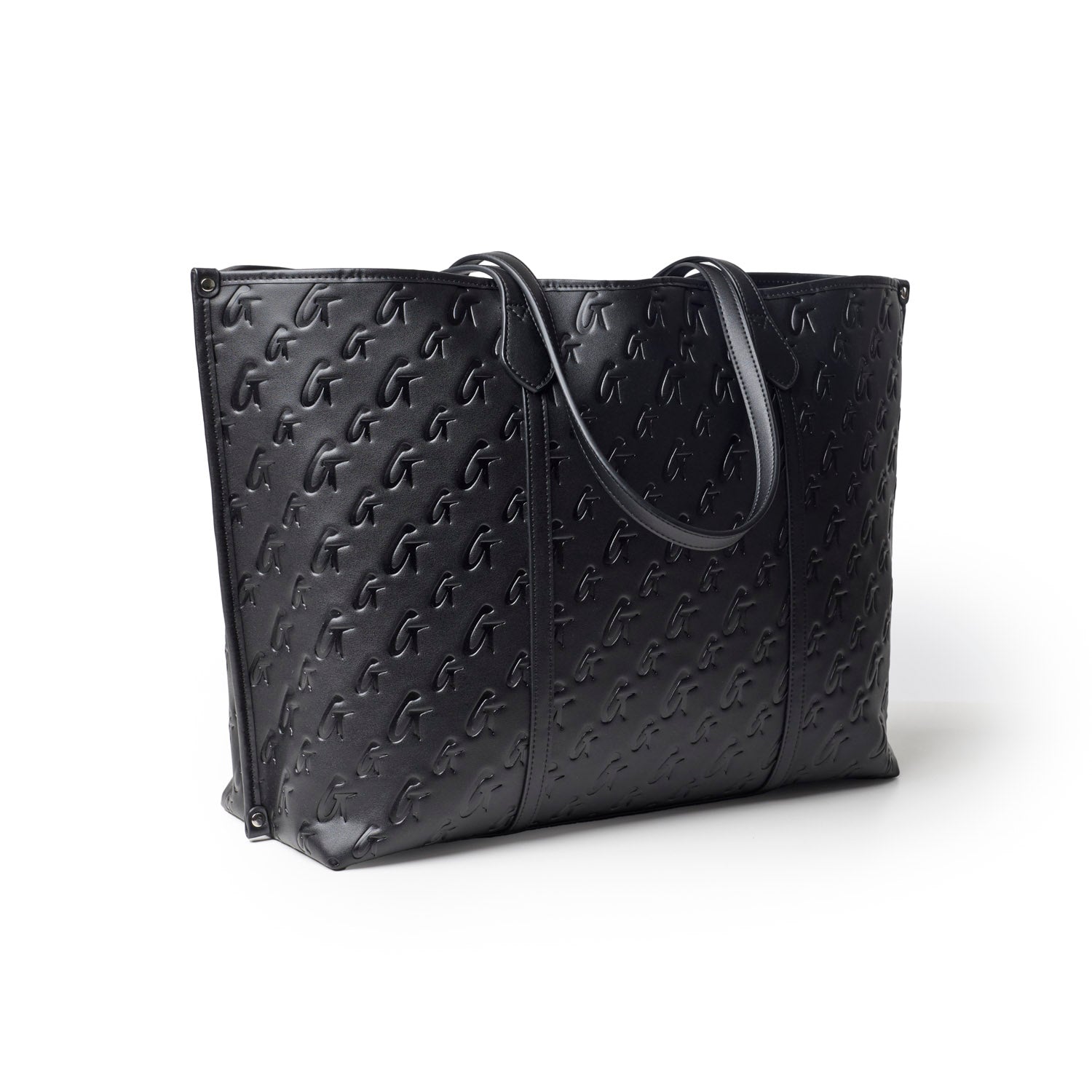 XL Monogram Sleek Tote in black featuring an embossed logo design, spacious interior, and sturdy handles for stylish versatility.