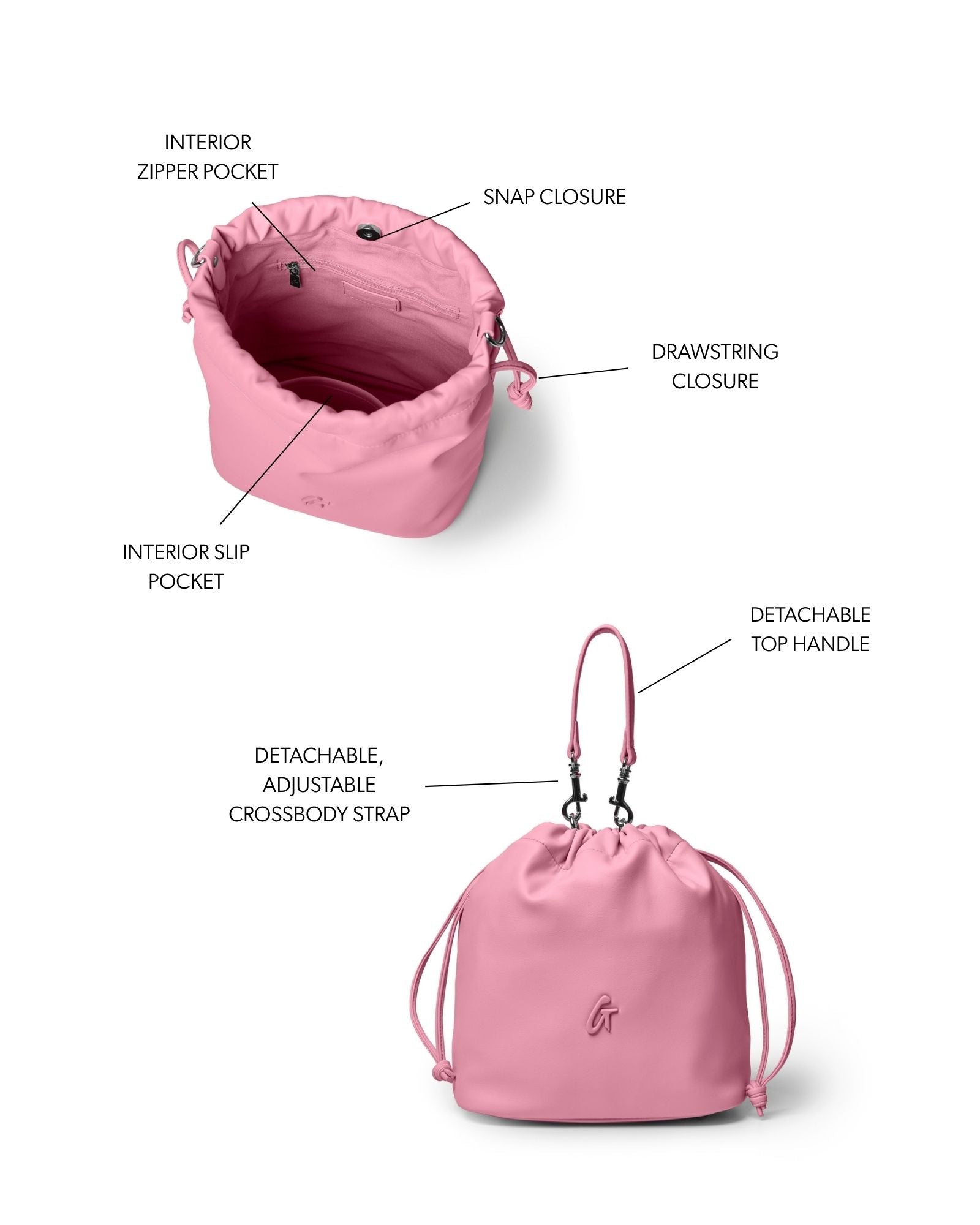 Medium Drawstring Bucket Bag | Soft Pink | Vegan Leather | Glam