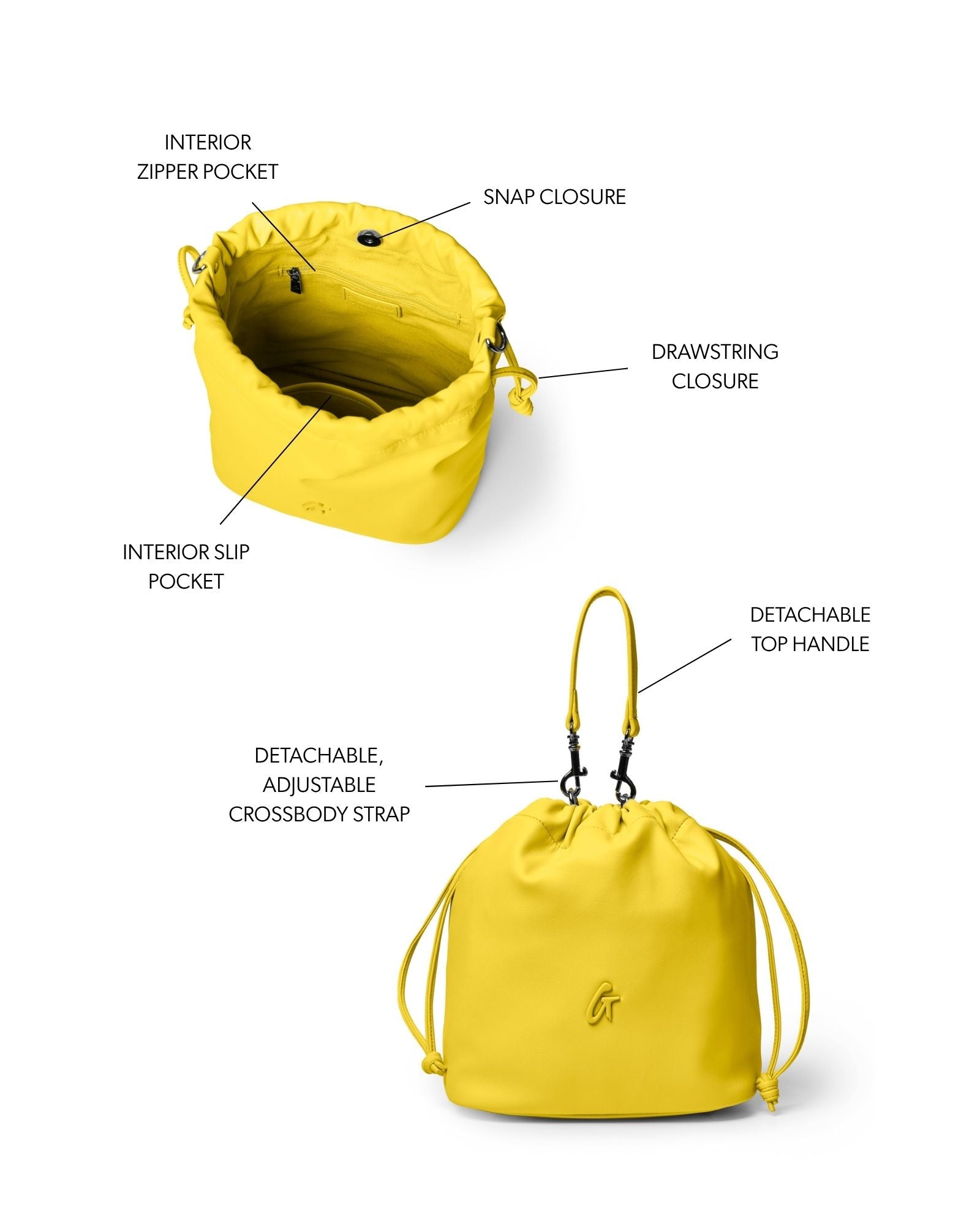 Medium Drawstring Bucket Bag | Yellow | Smooth Vegan Leather