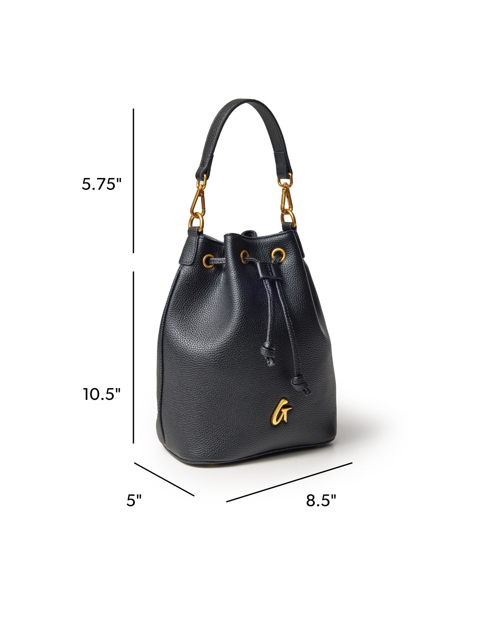 Medium black pebble bucket bag with gold accents, featuring a drawstring closure and stylish handle.