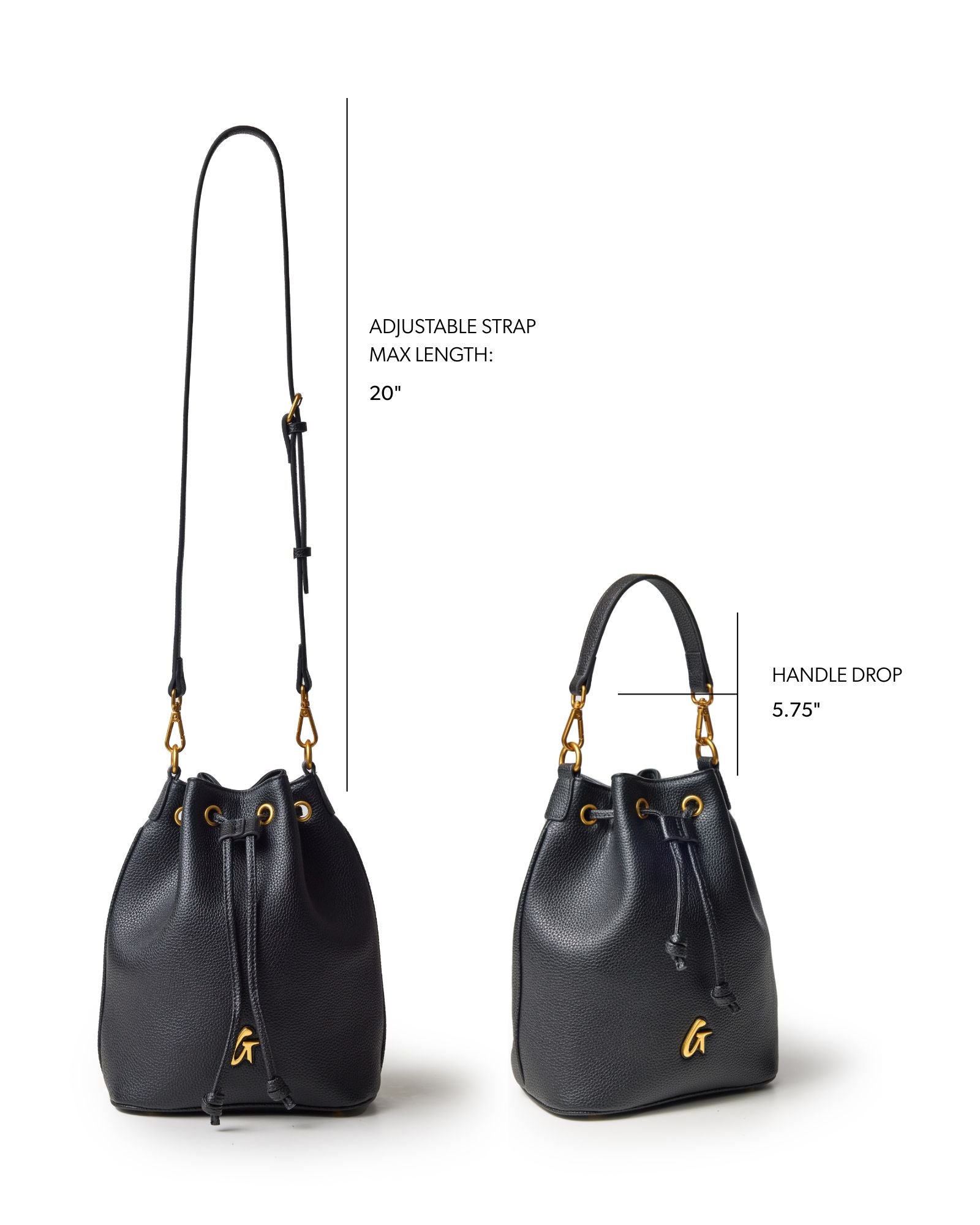 Medium black pebble bucket bag with adjustable strap and gold hardware, showcasing a stylish and versatile design.