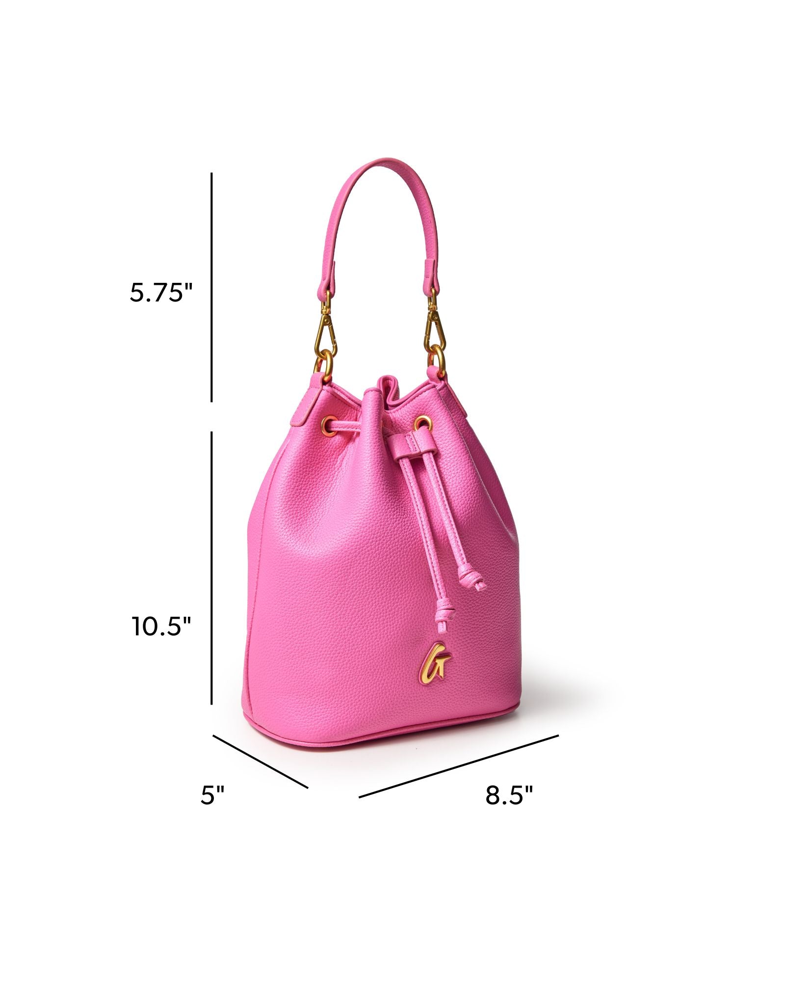 Hot pink medium pebble bucket bag with gold accents and drawstring closure, perfect for stylish everyday use.