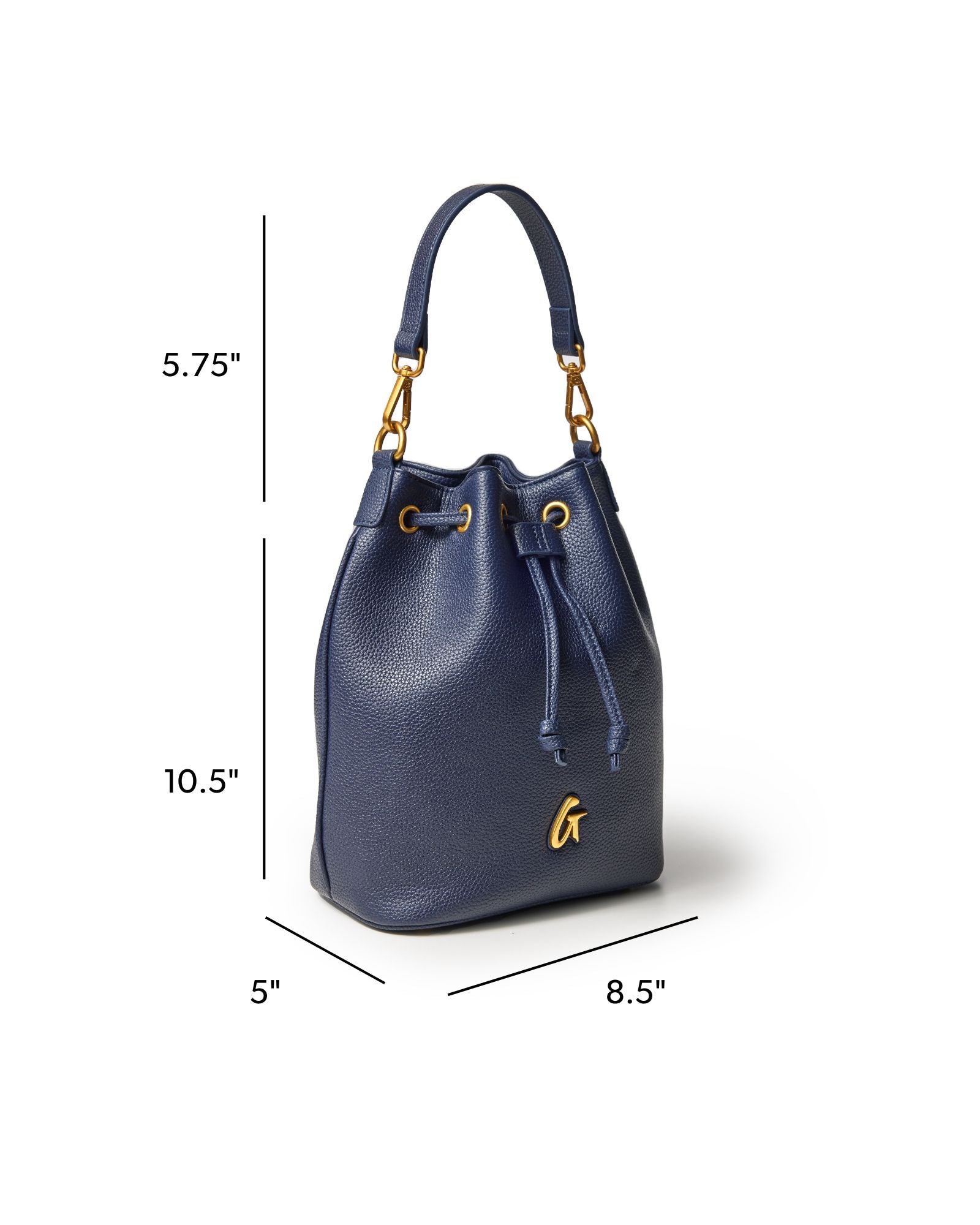 Navy medium pebble bucket bag with gold accents, featuring a drawstring closure and stylish handle.