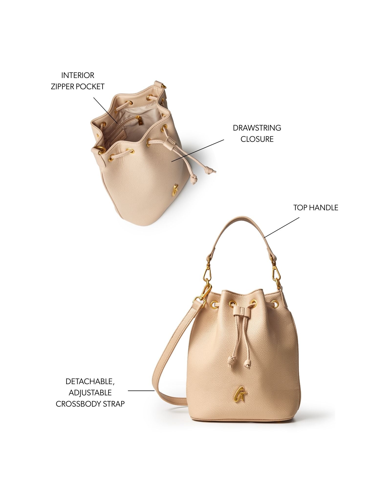 Medium nude pebble bucket bag featuring a drawstring closure, top handle, and detachable adjustable crossbody strap.