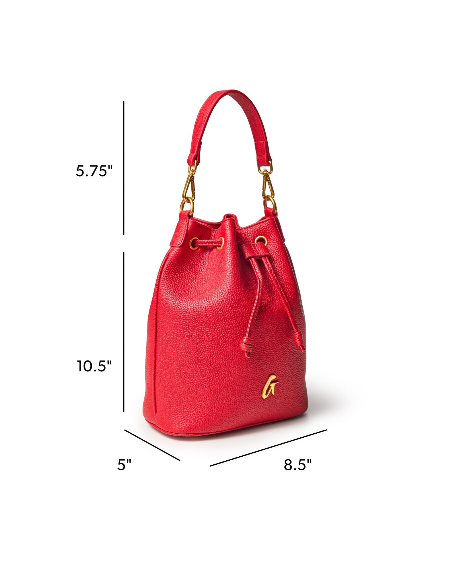 Medium red pebble bucket bag with gold accents, featuring a drawstring closure and a stylish handle.